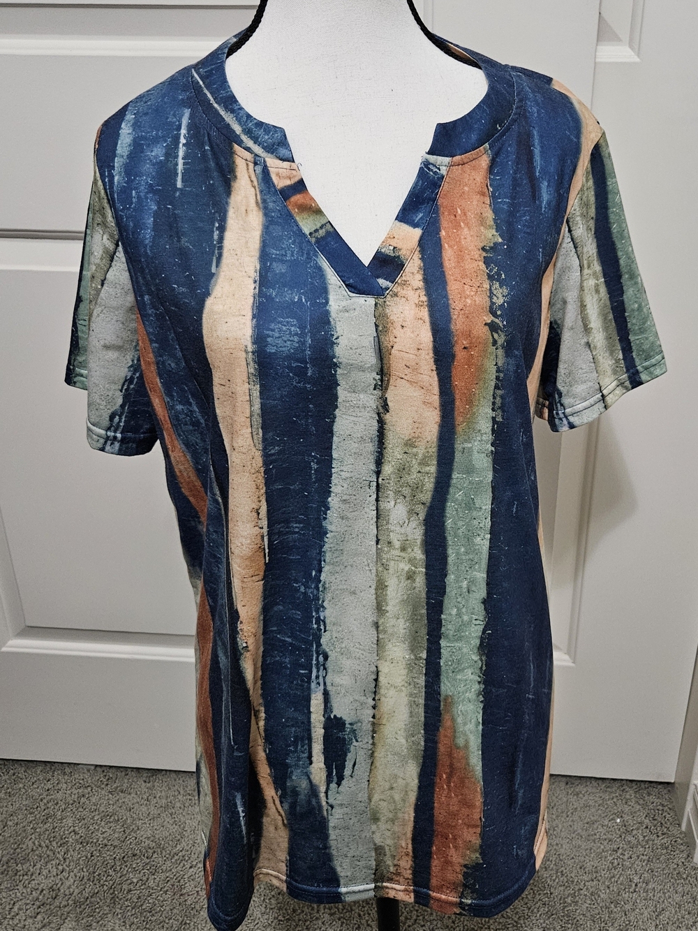 V-Neck Short Sleeve Tee in Blue and Multi-Stripe